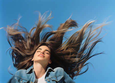 Young woman in denim enjoying the breeze with hair spread outの素材
