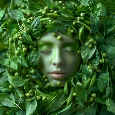 Tranquil woman with closed eyes enveloped in lush green peas and leavesの素材