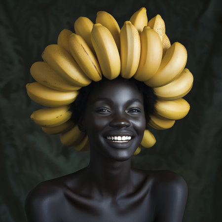 Joyful Black woman with a headdress of ripe bananasの素材