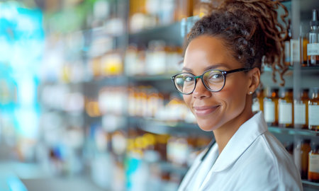 Female pharmacist with glasses in a modern pharmacyの素材
