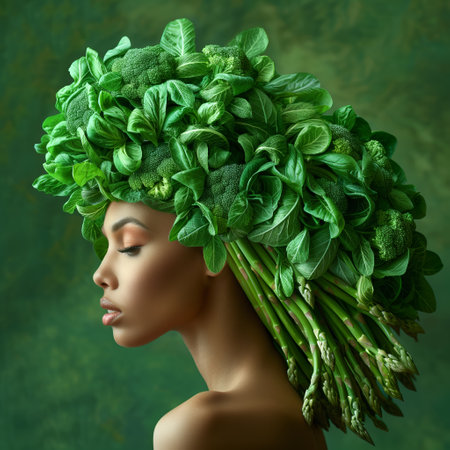 Woman with headdress made of green vegetables (asparagus and basil)の素材