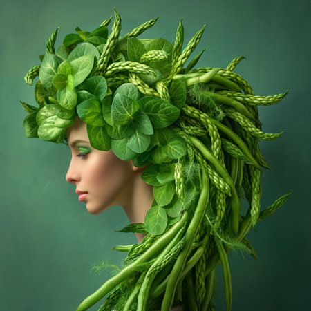 Woman in profile with headdress of asparagus and green peasの素材