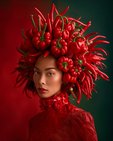 Elegant Asian woman with a headpiece of red chili peppersの素材