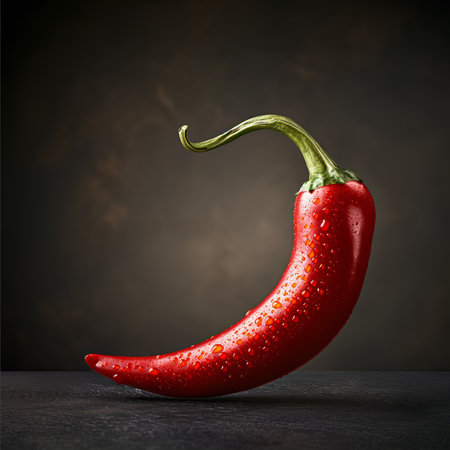 Fresh red chili pepper with water droplets on dark surfaceの素材
