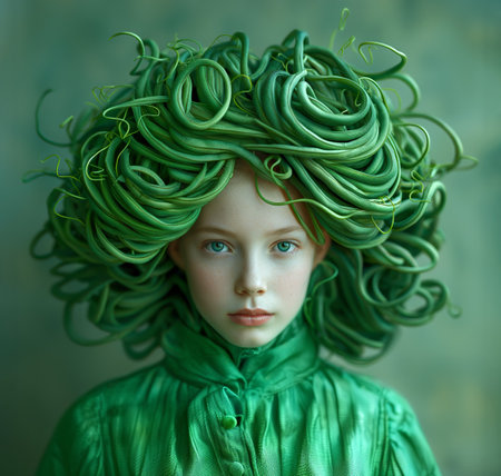 Teen girl wearing a whimsical headdress of green beansの素材