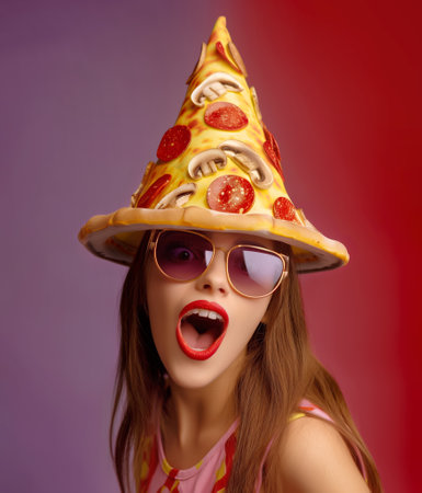 Excited woman in sunglasses and pizza hat on colorful backgroundの素材