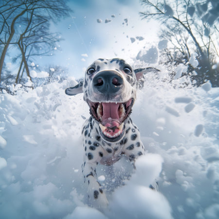 Funny dalmatian playing in the snow in winter park, close up wide angle action cameraの素材