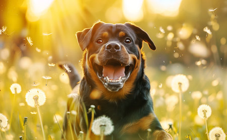 Rottweiler dog smiling in a dandelion meadow at sunset, surrounded by dandelion seedsの素材