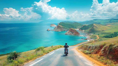 Person riding scooter along coastal road with rocky cliffs and rolling green hills under a bright blue skyの素材