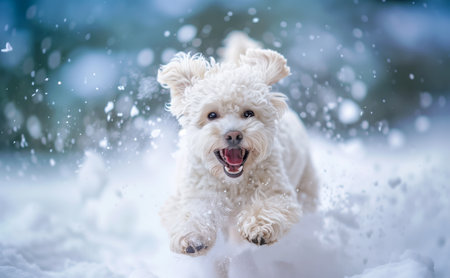 Happy Maltipoo dog running through snow, close-up action shot with snowflakes flying aroundの素材