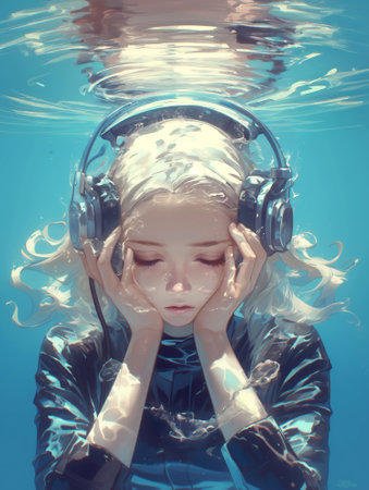 Surreal illustration of a teenage girl underwater, wearing headphones, eyes closed listening to musicの素材