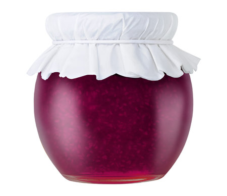 One glass jar of blueberry jam isolated on white backgroundの写真素材