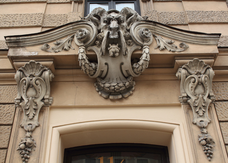 Art Nouveau building facade fragment Blaumana 11/13 street  Riga Latviaのeditorial素材