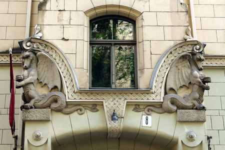03 .may 2018  Riga, Latvia. Art Nouveau building facade fragment  Antonijas 8  street  Riga Latviaのeditorial素材