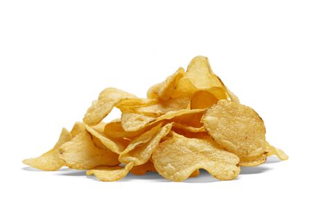 Pile of Baked Potatoe Chips Isolated on White Background.の写真素材