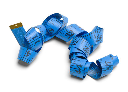 Blue Unraveled Messy Sewing Tape Measure Isolated on a White Background.