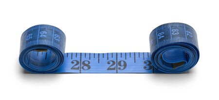 Blue Unrolled Sewing Tape Measure Isolated on a White Background.の写真素材