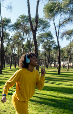 A girl in a yellow tracksuit runs in the park listening to music with blue headphones.の写真素材