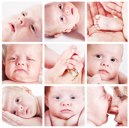 collage of baby faces, foot, and little handsの写真素材