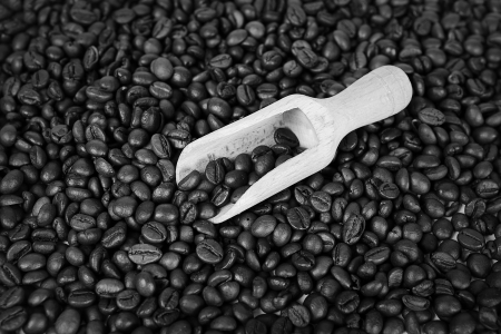 background of coffee beans and wooden scoopの写真素材