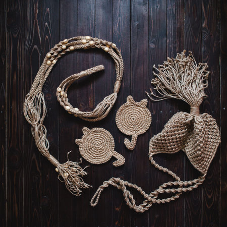 Knitted macrame terrarium holder stand hot dishes tea cups. Lying on a background of dark brown wooden planksの写真素材