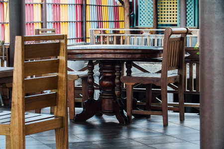 Empty coffee terrace with tables and chairs in Asia.の写真素材