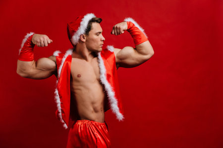 christmas holidays. sexy strong santa claus wearing hat. Young muscular man. red background.の写真素材