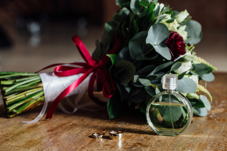 Wedding accessories. Bouquet and accessories of bride. details.の写真素材