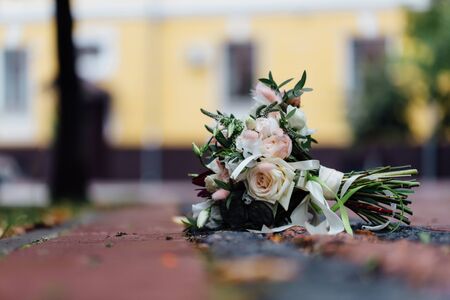 wedding bouquet on the pavement in the street. No one.の写真素材