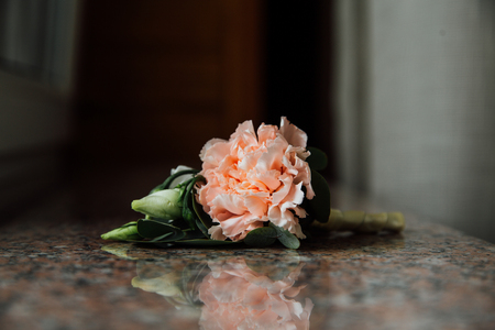 boutonniere, button hole flower, a cream peonies on granite table.の写真素材