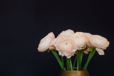 bouquet of pink delicate buttercups of flowers stands on a wooden table in a golden vase.