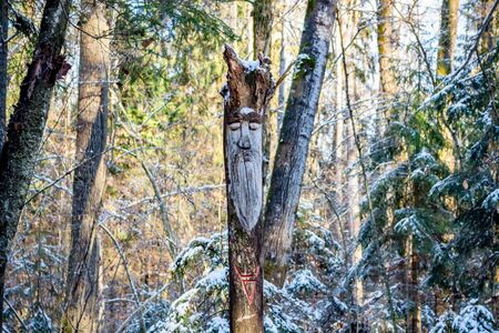 Kaluga region, Russia - November 2017: Slavic pagan idols on the forest temple. Velesのeditorial素材