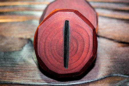 Rune Isaz (Isa) red color carved from wood on a wooden background - Elder Futhark
