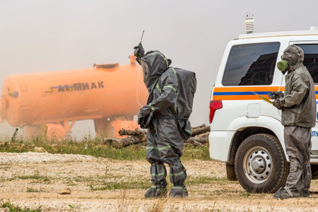 Obninsk, Russia - September 2019: Civil Defense exercises. Measurement by the radiation monitoring...