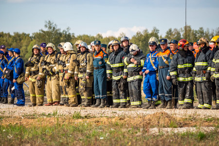Obninsk, Russia - September 13, 2019: Civil Defense exercises. Exercise services formation....