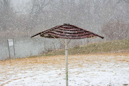 The beach umbrella during snowfallの写真素材