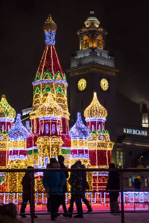 Moscow, Russia - January 2020: New Year installations and decorations at the Moscow Kiyevsky railway station in eveningのeditorial素材