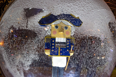 Moscow, Russia - January 2020: Nutcracker street art object in a glass bowl on Tversky Boulevard in...