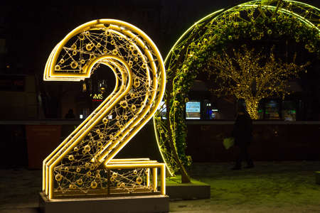 Moscow, Russia - January 2020: New Year decorations on the city streets with numbers 2020, evening illuminationのeditorial素材