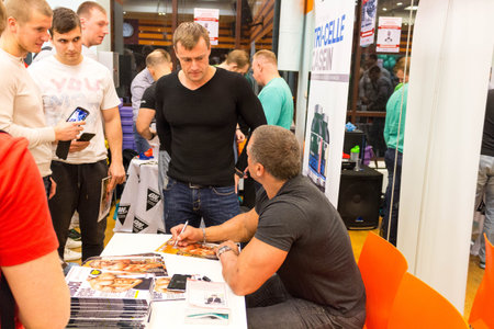 Obninsk, Russia - October 2015: Lecture on sports nutrition of the bodybuilder Stanislav Lindoverのeditorial素材