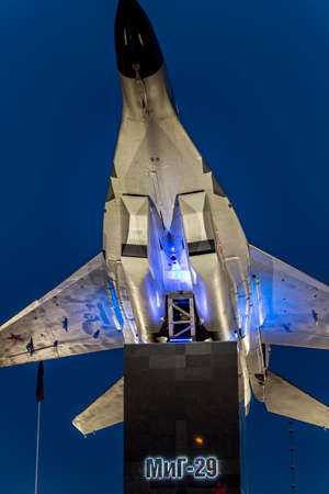 Obninsk, Russia - July 2016: Monument-plane on pedestal MiG-29 in Obninsk in the eveningのeditorial素材