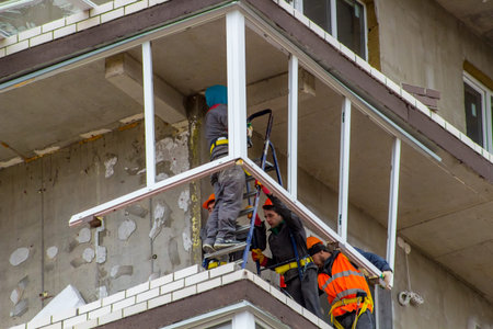 Obninsk, Russia - April 22, 2018: Damage to loggias on a 20-storey house as a result of a strong...