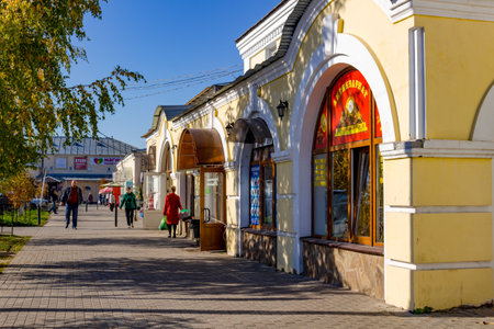 Borovsk, Russia - October 2018: Shopping arcade on Lenin Square in Borovskのeditorial素材