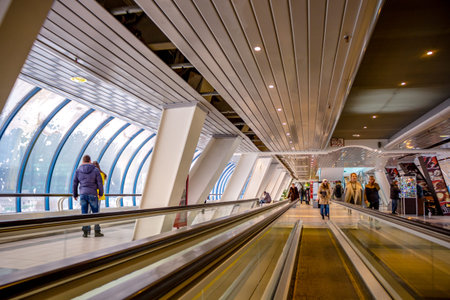 Moscow, Russia - January 2017: Moving walkway inside the pedestrian covered bridge Bagration