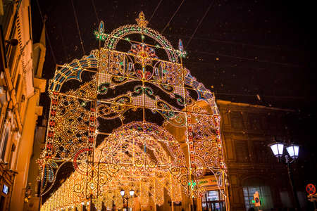MOSCOW, RUSSIA - JANUARY 7, 2016: Light arches on Nikolskaya street at Christmas in Moscow. Pedestrian zone with luminous archesのeditorial素材