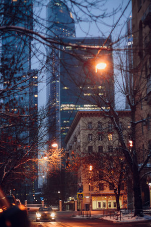 View of the evening streets of Moscow and Moskva-Siti on the background, Russia