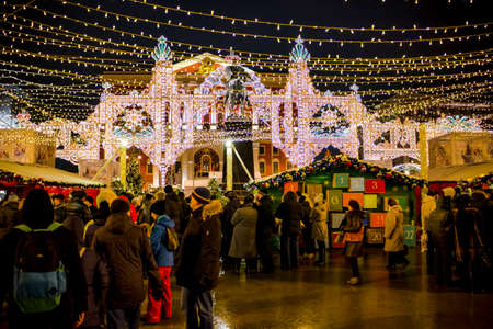 MOSCOW, RUSSIA - JANUARY 7, 2016: Fair on the occasion of Christmas and New Year on Tverskaya Square in Moscow. The area is decorated with colorful illumination and garlandsのeditorial素材