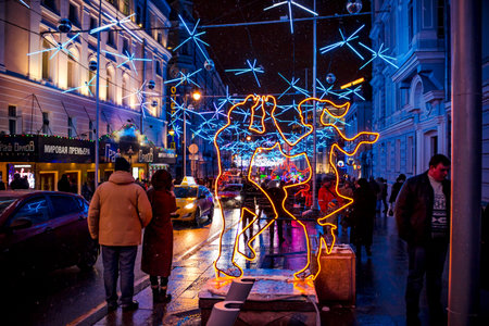 MOSCOW, RUSSIA - JANUARY 7, 2016: Bolshaya Dmitrovka street at Christmas in Moscow. Street scenery in the style of "Stilyagi"のeditorial素材