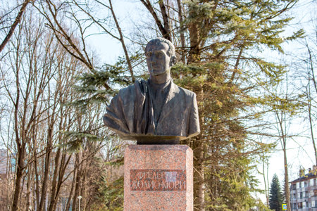 Obninsk, Russia - March 2016: Monument-bust to physicist Frederic Joliot-Curie in Obninsk in the...