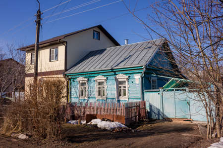 Maloyaroslavets, Russia - April 2018: Type of urban development in Maloyaroslavets, Ivanovskaya street, spring dayのeditorial素材